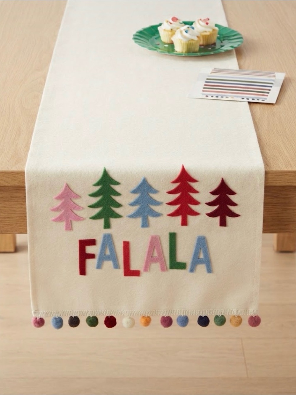 Holiday table runner multi color stripes. Christmas.  New 14x72  Pom Pom's